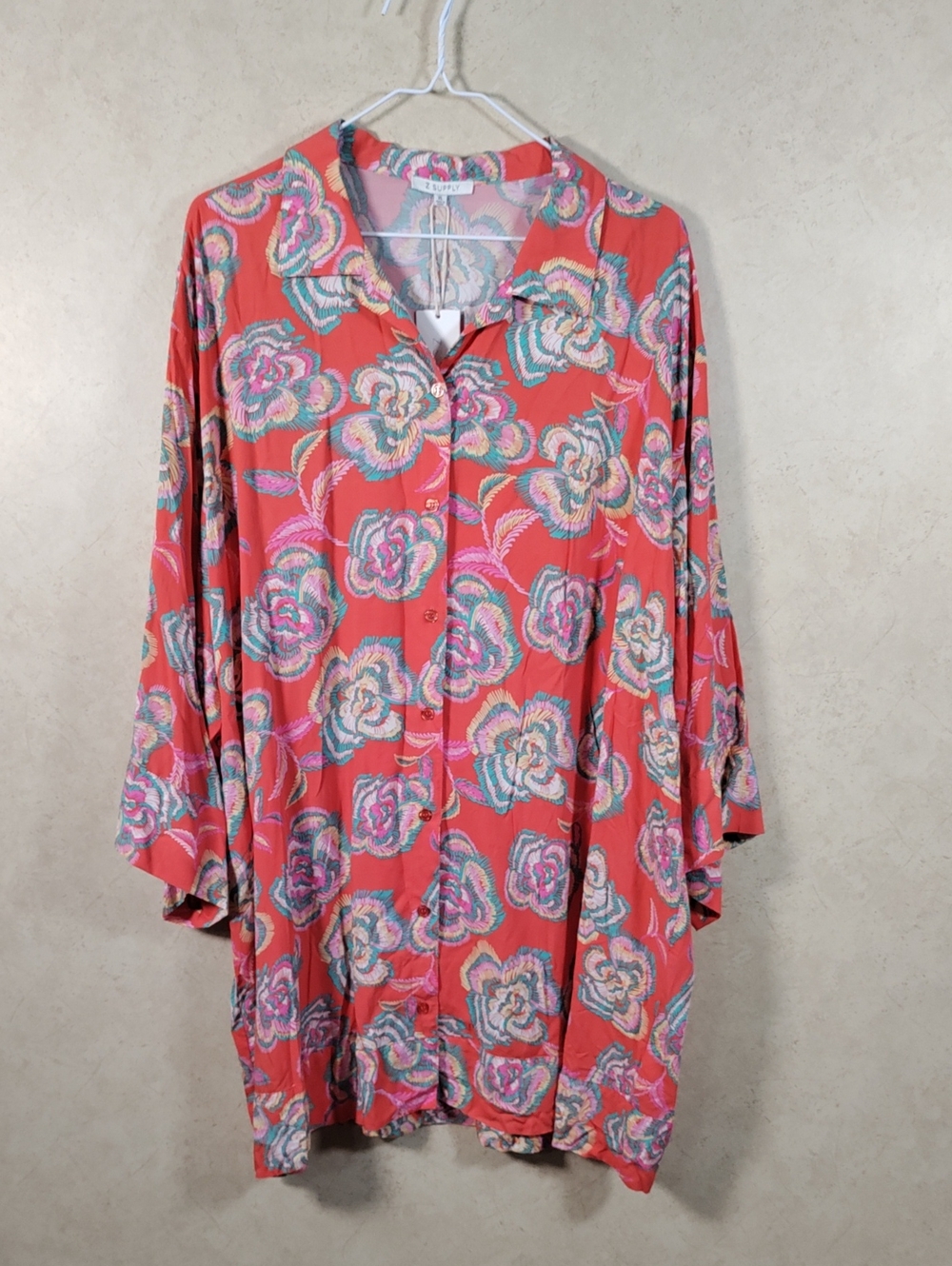 H191 Z Supply Coral Floral Button-Front Tunic Top XL NWT